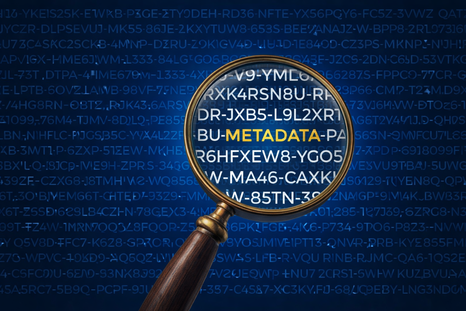 A folder connected to metadata fields like author, location, date, and description.