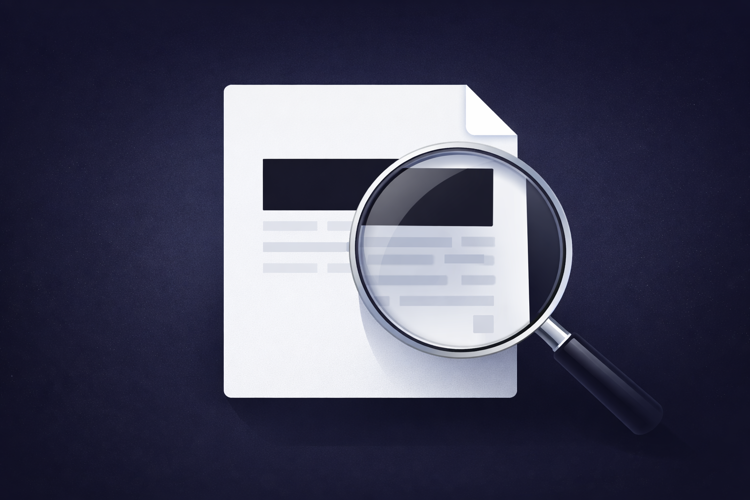 Illustration of a PDF under a magnifying glass with a redaction bar.